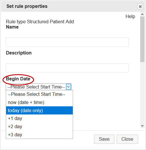 Screenshot of Begin Date for Structured Patient Add